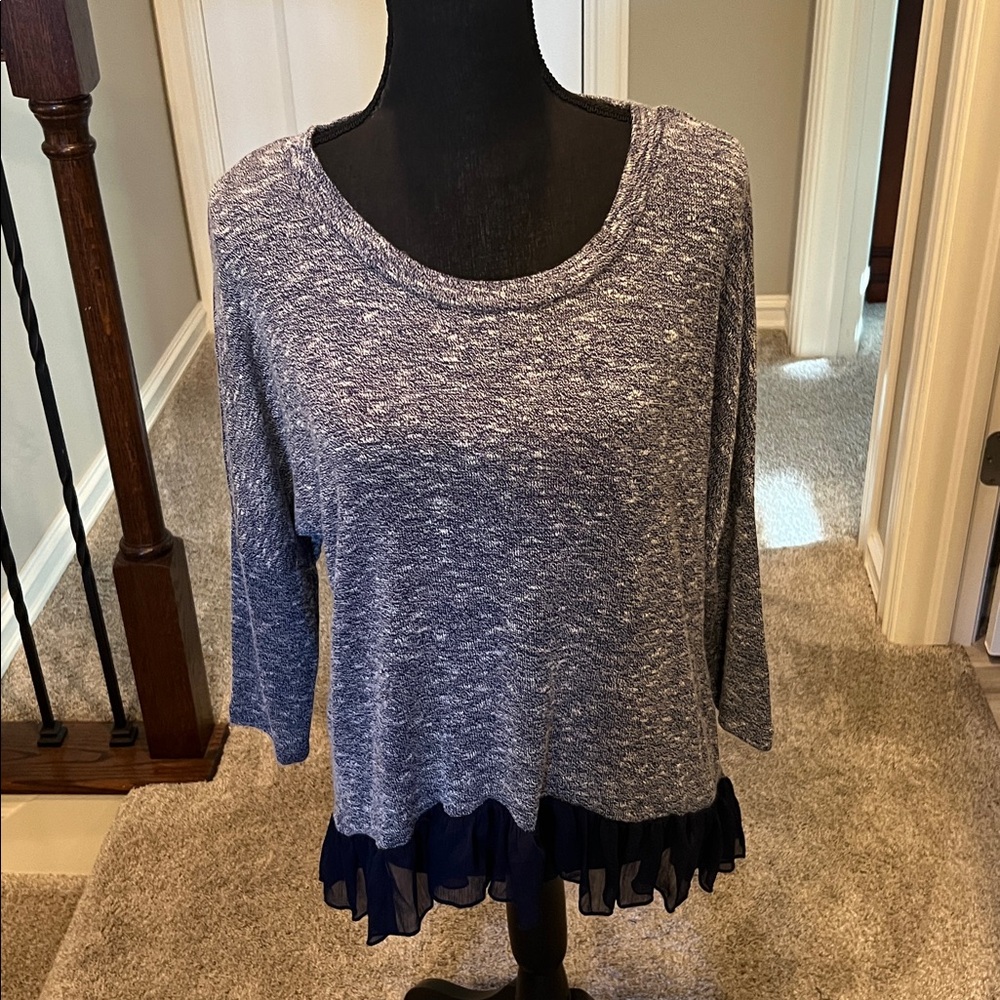 Soft Knit Scoop Neck Sweater with Ruffled Hem - Navy Heather